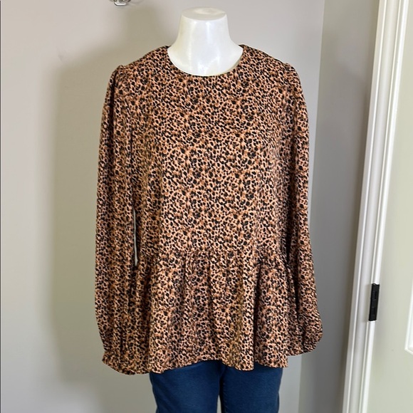 Tuckernuck Pomander Place Leopard Carlota Peplum Blouse Puff Sleeve Top Sz S - Picture 2 of 11